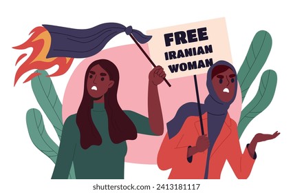 Revolution of women concept. Young girls with placards and black flag. Free Iranian woman. Protests in Iran. Fight for rights and stop gender discrimination. Cartoon flat vector illustration