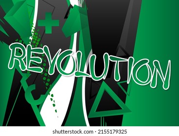 Revolution. Word written with Children's font in cartoon style.