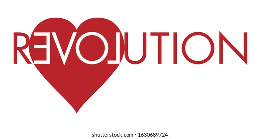 Revolution written in red on a white background with four inverted letters to form the word love on the background of a silhouette of a heart.