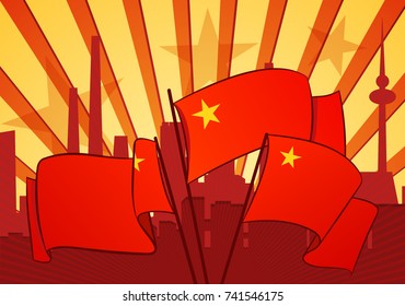 Revolutionary background with a red flags and city silhouette beyond, vector illustration