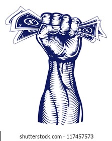 A Revolutionary Fist Holding Up A Hand Full Of Dollar Bills Money.