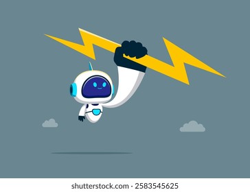 Revolutionary fist. Lightning holding in hand robot with artificial intelligence. Modern flat vector illustration.