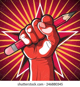 Revolutionary Punching Fist and Pencil Sign. Great illustration of Russian Propaganda style punching Fist holding a pencil symbolizing Freedom of speech. 