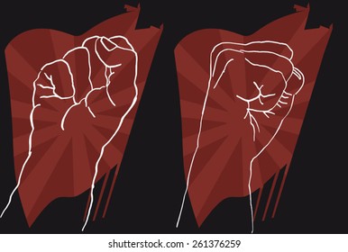 Revolutionary symbols: fists and flags.
Two fists drawn to revolutionary style.