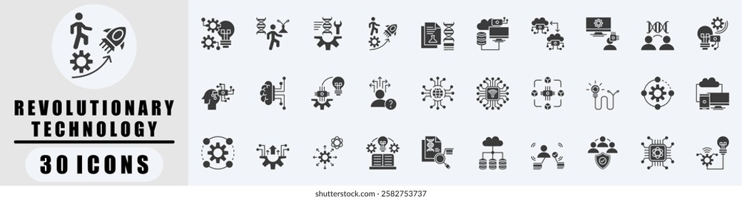 Revolutionary Technology black icon set. Covers Technology, Biotechnology, Genetic engineering, Progressive, Science, Future technology, Digital twin. Simple vector illustration.