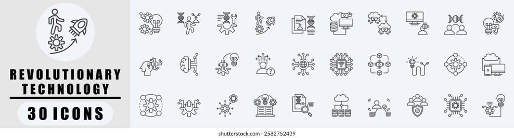 Revolutionary Technology outline icon set. Covers Technology, Biotechnology, Genetic engineering, Progressive, Science, Future technology, Digital twin. Simple vector illustration.