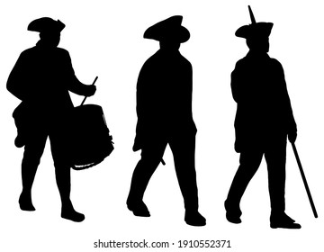 Revolutionary War Soldiers Marching, Silhouette In Black On White Background 