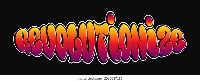 Revolutionize word trippy psychedelic graffiti style letters.Vector hand drawn doodle cartoon logo Revolutionize illustration. Funny cool trippy letters, fashion, graffiti style print for t-shirt