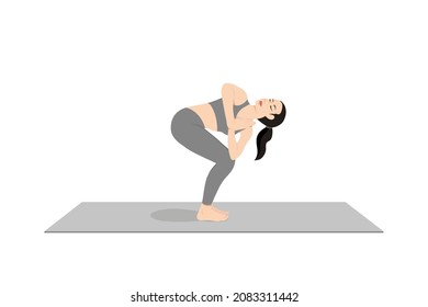 Revolved Chair Pose, Twisted Chair Pose, Beautiful girl practice Parivrtta Utkatasana. Young attractive woman practicing yoga exercise. working out, black wearing sportswear, grey pants and top