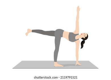 Revolved Half Moon Pose. Beautiful girl practice Parivrtta Ardha Chandrasana. Young attractive woman practicing yoga exercise. working out, black wearing sportswear, grey pants and top, indoor full