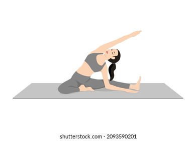 Revolved Head to Knee Prep Beautiful girl practice Parivrtta Janu Sirsasana Prep. Young attractive woman practicing yoga exercise. working out, black wearing sportswear, grey pants and top, calmness. 