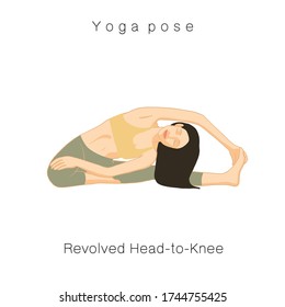Revuelta de la cabeza a la rodilla. Aislamiento vectorial en el fondo blanco El yoga vectorial de dibujos animados plantea una saludable y bella.