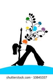 Revolved triangel pose silhouette with colorful flowers.