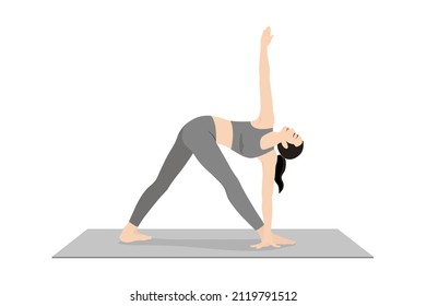 Revolved Triangle Pose, Rotated Triangle Pose. Beautiful girl practice Parivrtta Trikonasana. Young attractive woman practicing yoga exercise. working out, black wearing sportswear, grey pants and top