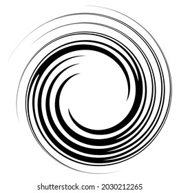 Revolved whirlpool, whirlwind design element. Radial shape with rotation, gyre effect. Curvy burst lines