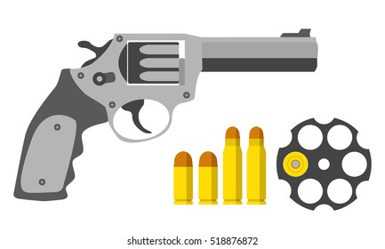 Revolver, bullets, barrel in flat style. Military, police, army equipment.