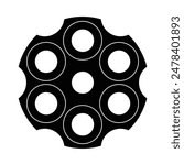 Revolver cylinder vector icon. Drum of revolver. Pistol handgun part. Firearms and weaponry design. Black silhouette.