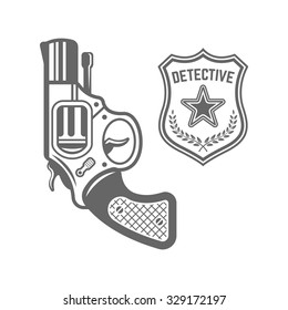 Revolver And Detective Badge Vector Illustration, Police Department Black Design Elements Isolated On White Background