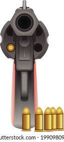 Revolver with five loose bullets and a bullet in one of its chambers. The image references the deadly game of Russian roulette, and suggests the concepts of chance and fate.