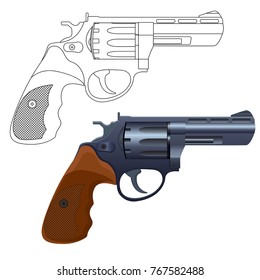 Revolver Gun. Outline Icon And 3d Model. Vector Illustration Isolated On White Background