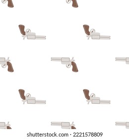 Revolver of gun seamless pattern. Wild West theme. Hand drawn colored trendy Vector print. Cartoon kids picture.