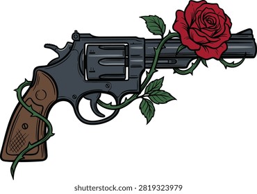 Revolver gun wrapped with red rose and green vines symbol of beauty and danger striking contrast