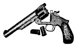 Revolver having a breech loading cylinder so arranged that the cocking of the hammer revolves it, vintage line drawing or engraving illustration.