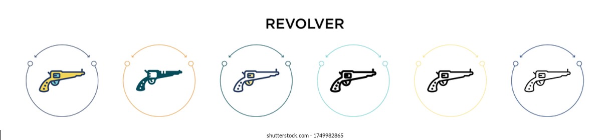 Revolver icon in filled, thin line, outline and stroke style. Vector illustration of two colored and black revolver vector icons designs can be used for mobile, ui, web
