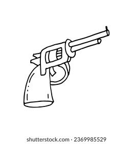 Revolver, eine Mehrschuss-Kleinwaffenwaffe mit einem rotierenden Zylinder. Doodle. Vektorgrafik. Handgezeichnet. Umriss.