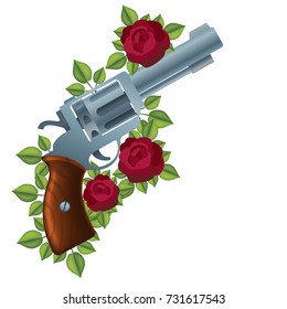 Revolver and roses. Vector illustration isolated on white background.
