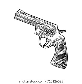 Revolver with short barrel and bullets. Vector engraving vintage illustrations. Isolated on white background. For tattoo, web, shooting club and label