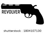 Revolver silhouette pistol icon, self defense weapon, concept simple black vector illustration, isolated on white. Shooting powerful firearms handgun, gunshot instrument.
