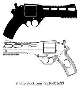 Revolver Vector 01. Illustration einzeln auf weißem Hintergrund. Eine Vektorgrafik von Delphinen, die mit einer Revolver-Schusswaffe spielen.