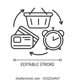 Revolving credit linear icon. Consumer lines of credit. Buying goods with borrowed money. Commerce, retail. Thin line illustration. Contour symbol. Vector isolated outline drawing. Editable stroke