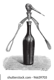 Revolving forks magic trick, vintage engraved illustration. Magasin Pittoresque  1874.