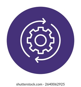 Revolving gear within purple circle. Icon symbol illustration
