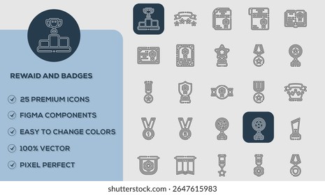 Symbol-Set für Rewaid und Badges. Vektorgrafik im modernen Thin Line-Stil von geschäftlichen Symbolen: Teamarbeit, Dokumente, Geräte und mehr. Piktogramme und Infografiken für mobile Apps.