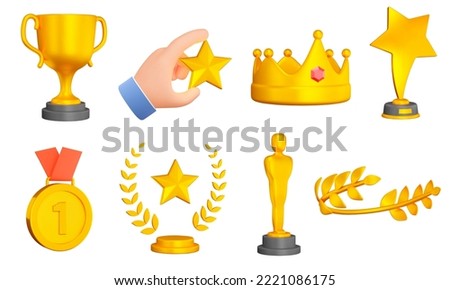 Reward 3d icon set. Awards of different forms. The nomination. Laurel wreath. Receipt of a prize and rank. Winning. Isolated icons, objects on a transparent background