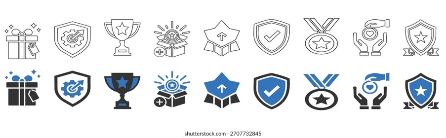 Reward and Achievement Icons Vector Set Line Style Badges, Medals, Awards and Trophies