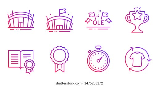 Reward, Arena stadium and Timer line icons set. Diploma, Victory and Arena signs. Ole chant, Change clothes symbols. Best medal, Sport complex. Sports set. Gradient reward icon. Vector