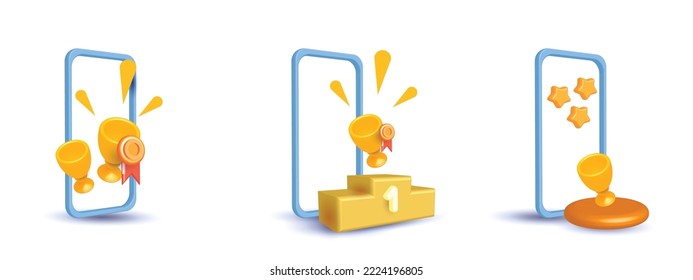 reward award cup star gold and podium phone 3d vector concept 