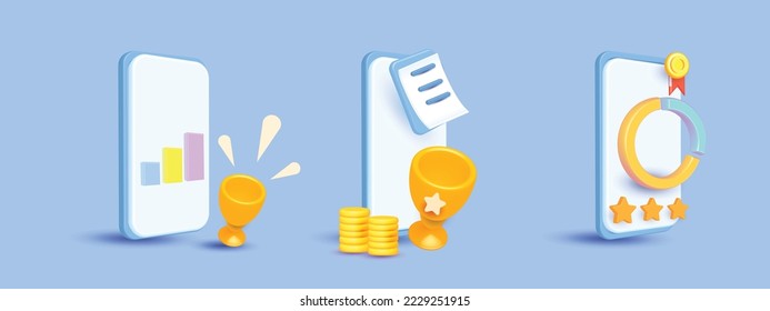 reward award cup star gold and  phone 3d vector concept business on top winner finance,investmen vector icon illustration trading smartphone growing