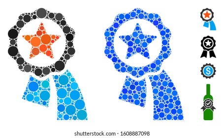 Reward badge composition of spheric dots in various sizes and color tints, based on reward badge icon. Vector dots are united into blue composition.