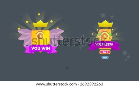Reward Badges Set Game You Win Golden Crown Wings Coin Cute Cartoon Design