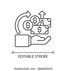 Reward based crowdfunding linear icon. Giving small amounts of money in return for reward. Thin line customizable illustration. Contour symbol. Vector isolated outline drawing. Editable stroke