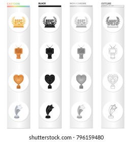 Reward for the best film, golden TV, golden heart, silver star. Different Kinds of Movie Awards set collection icons in cartoon black monochrome outline style vector symbol stock isometric