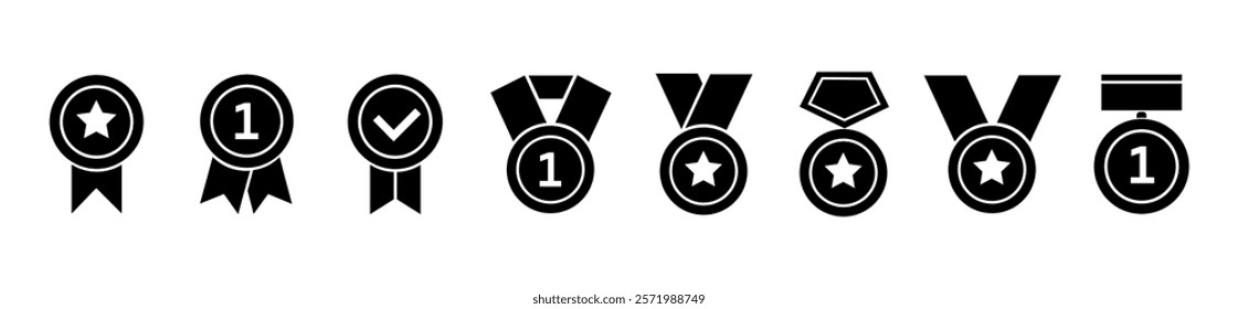 Reward black icon set . Award line icons. Medal with ribbon for winner. Trophy and success Icons. Badge award icon collection. Premium quality and benefit symbol. Badge with ribbon.