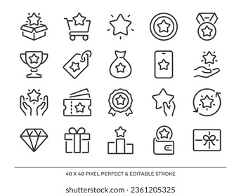 Reward,  bonus, benefit  and loyalty outline icons set. Pixel perfect and editable stroke 48x48 vector illustration.