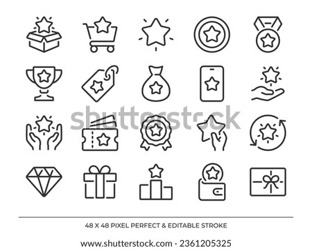 Reward,  bonus, benefit  and loyalty outline icons set. Pixel perfect and editable stroke 48x48 vector illustration.