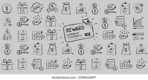 Reward bonus gift icon set a collection of reward and bonus gift icons. Features hand-drawn sketches in a simple pen stroke style, illustrating prizes, loyalty rewards, and benefit incentives. 